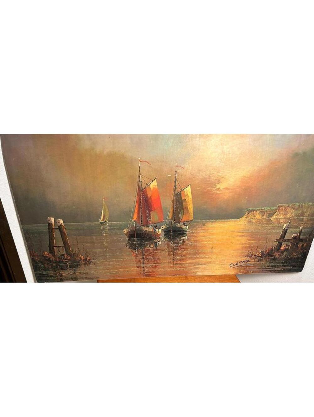Large MCM Print of Watercolor of Sailboats at Sunset signed Cortez.